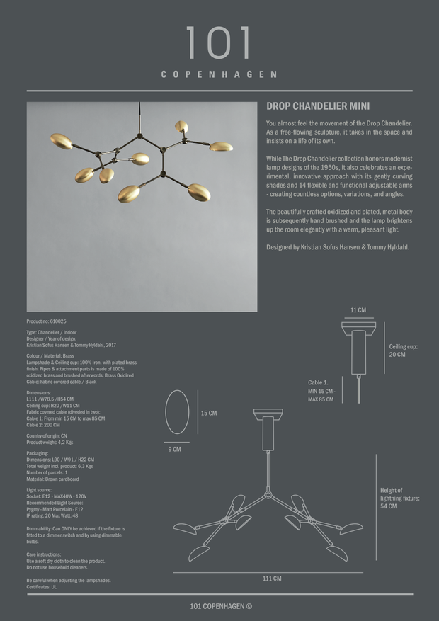 101 Copenhagen Drop Chandelier, Mini -  Brass (UL)