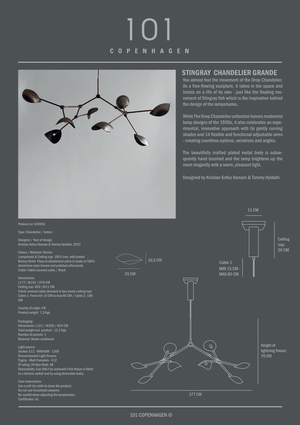 101 Copenhagen Stingray Chandelier, Grande - Bronze (UL)